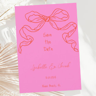 Whimsiky Quirky Hand plockade Rosa Bow Spara datum Inbjudningar