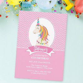 Whimsily Girly Rosa Rainbow Unicorn Girl Birthday Inbjudningar