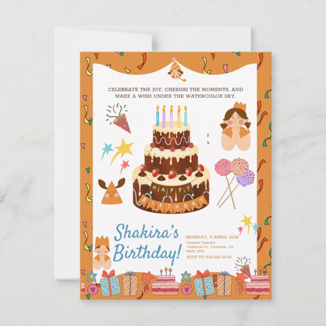 Whimsim Charming Watercolor Chic Birthday Magic Inbjudningar (Framsida)