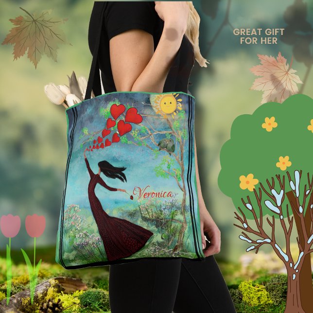 Whimsima kvinnor som frigör hjärtan tygkasse (Whimsical Women Releasing Hearts Tote Bag)