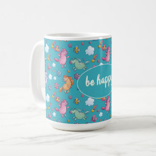 Whimsima Unicorns och Bright Söt Flowers Kaffemugg
