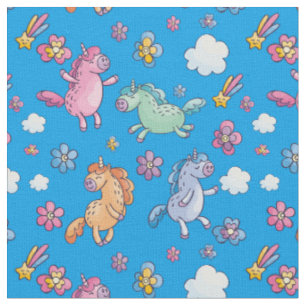 Whimsima Unicorns och Bright Söt Flowers Tyg