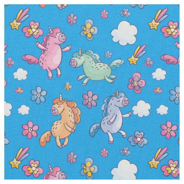 Whimsima Unicorns och Bright Söt Flowers Tyg (Närbild)