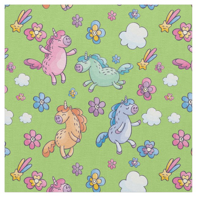 Whimsima Unicorns och Bright Söt Flowers Tyg (Närbild)