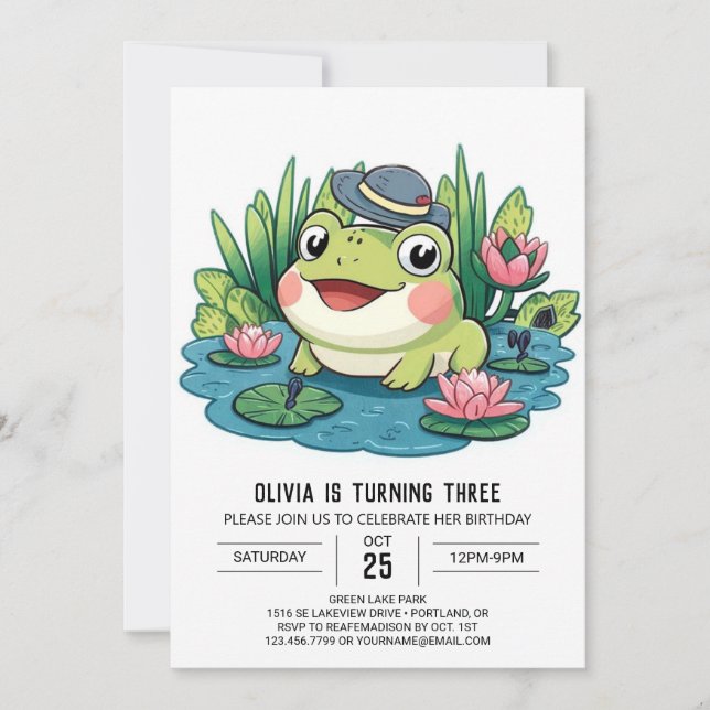 Whimsious-Frog Digital Birthday Inbjudningar (Framsida)
