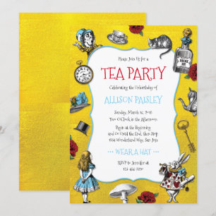 Whimsique Alice i Wonderland Guld Party Inbjudningar