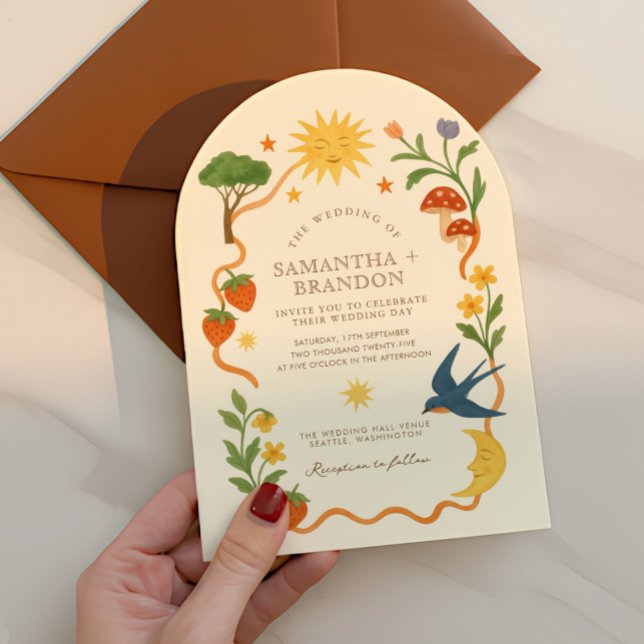 Whimsique Arch Sol & Måne Blommigt Bröllop Inbjudningar (Skapare uppladdad)