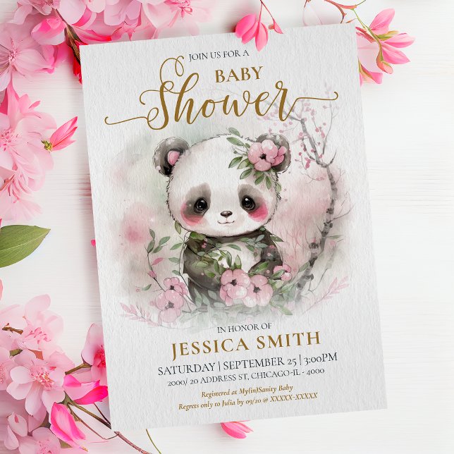 Whimsique Baby Panda & Cherry Blommar Baby Shower Inbjudningar (Whimsical Girl Baby Panda & Cherry Blossoms Invitation: Cute, Playful, Irresistible! )