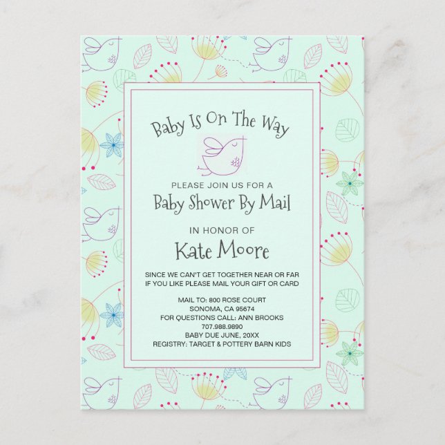 Whimsique Baby Shower by Mail Baby Bird Blommigt Inbjudan Vykort (Framsida)