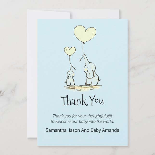 Whimsique Baby Shower-Tack | Elefanter Blue Tack Kort (Framsida)
