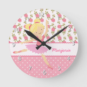 Whimsique Ballerina Blommigt Rosa Girly Personlig Rund Klocka