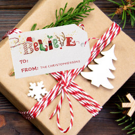 Whimsique BELIEVE Cute Santa Typography Presentetikett