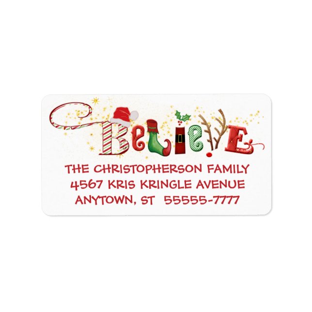 Whimsique BELIEVE Typography Guld Gnistra Adressetikett (Framsidan)