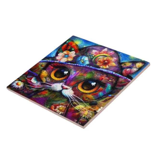 Whimsique Big-Öga Cat Kattunge med Hat Blommigt Kakelplatta (Sidan)