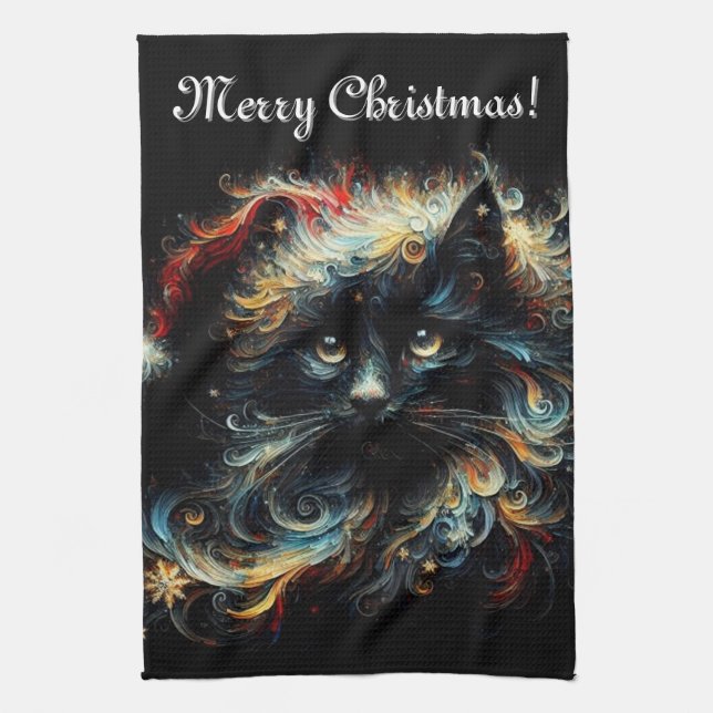 Whimsique Black Cat jultomten Hat Säsong Kökshandduk (Vertikal)