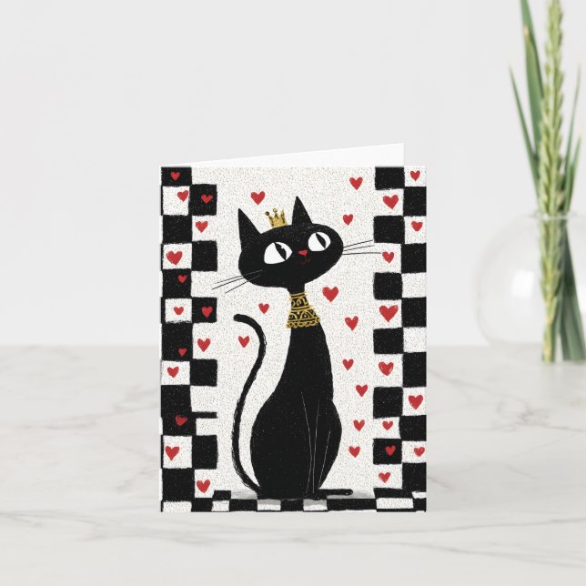 Whimsique Black Cat Queen med Guld Krona Helgkort (Framsida)