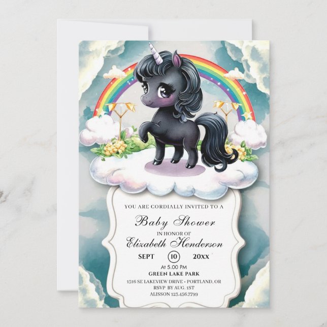 Whimsique Black Unicorn Baby Shower Inbjudningar (Framsida)
