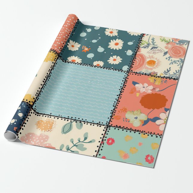 Whimsique Blommigt Patchwork Mönster Presentpapper (Utrullad)