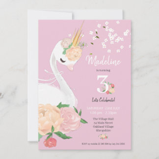 Whimsique Blommigt Svan Girls Birthday Inbjudningar