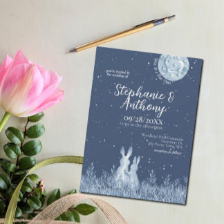 Whimsique Blue Bunny Rabbit Måne Stars Bröllop Inbjudningar
