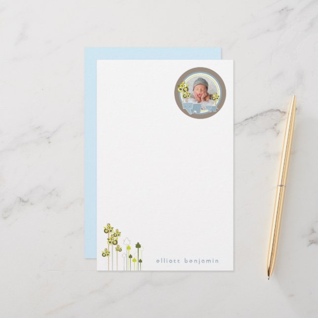 Whimsique Blue Elephants Family Pojke Photo Brevpapper (Fram/Back In Situ)