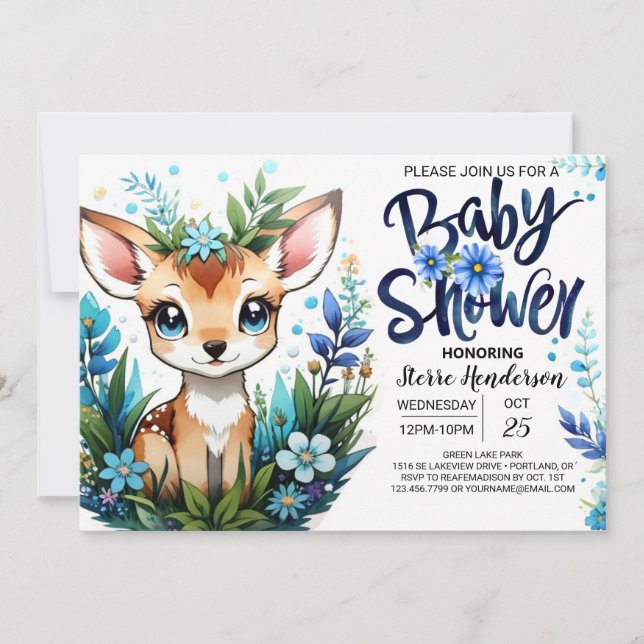 Whimsique Blue Fawn Woodland Baby Shower for Boy Inbjudningar (Framsida)