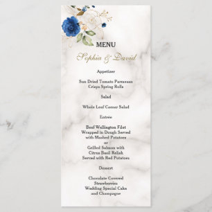 Whimsique Blue Guld Flowers Monogram Bröllop Meny