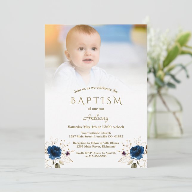 Whimsique Blue Guld Flowers Photo Boy Baptism Inv. Inbjudningar (Stående Fram)