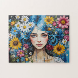 Whimsique Blue Hair Girl with Flowers Paint Drifts Pussel
