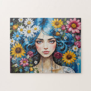 Whimsique Blue Hair Girl with Flowers Paint Drifts Pussel