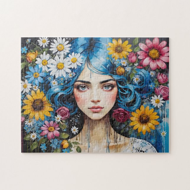 Whimsique Blue Hair Girl with Flowers Paint Drifts Pussel (Horisontell)
