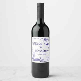 Whimsique Blue Hand plockade Bröllop Vinflaska Etikett