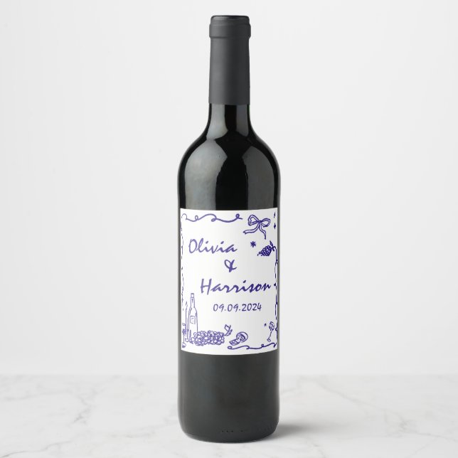 Whimsique Blue Hand plockade Bröllop Vinflaska Etikett (Framsida)