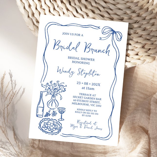 Whimsique Blue Hand plockade Brunch Möhippa Inbjudningar (Whimsical Blue Hand Drawn Bridal Shower Invitation, Doodle, Bridal Brunch Bridal Shower Invite Food)
