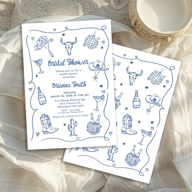 Whimsique Blue Hand plockade Cowgirl Möhippa Inbjudningar (Whimsical Blue Hand Drawn Bridal Shower Invitation, Western Cowgirl Disco Ball Cowgirl Boots)