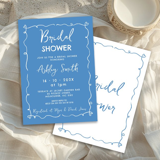 Whimsique Blue Hand plockade Möhippa Inbjudningar (Whimsical Blue Hand Drawn Bridal Shower Invitation, Doodle, White on Blue, Whimsical Bridal Shower)