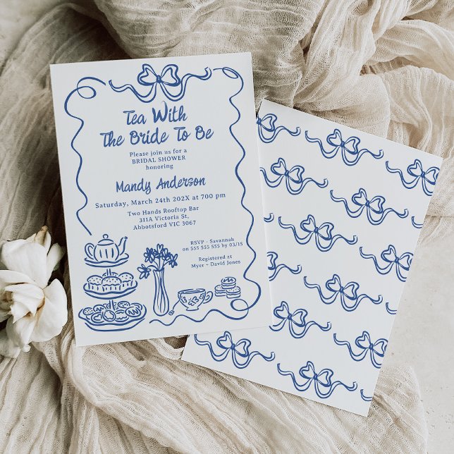 Whimsique Blue Hand plockade Tea Möhippa Inbjudningar (Blue Hand Drawn Tea Bridal Shower Invitation Template, Whimsical Tea with Bride To Be Bridal Shower )