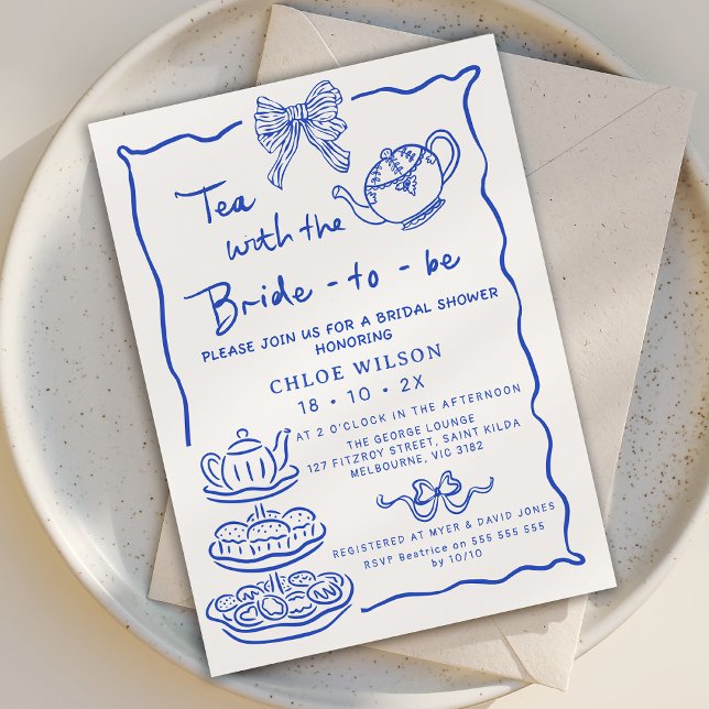 Whimsique Blue Hand plockade Tea Möhippa Inbjudningar (Blue Hand Drawn Bridal Tea Invitation, Tea with the Bride to Be Invite, Whimsical Tea Bridal Shower )