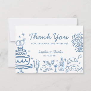 Whimsique Blue HandDrawn Doodles Bröllop Tack Kort