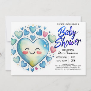 Whimsique Blue Hearts Watercolor Boy Shower Inbjudningar