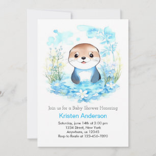 Whimsique Blue Otter Watercolor Boy Shower Inbjudningar