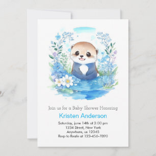 Whimsique Blue Otter Watercolor Boy Shower Inbjudningar