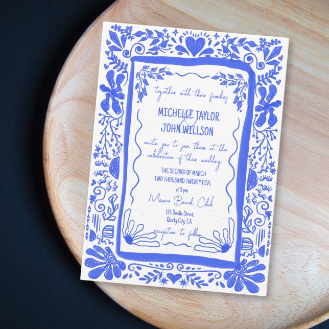 Whimsique Blue Quirky Doodle Hand plockade Inbjudningar (blue whimsical doodle hand drawn wedding)