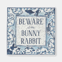 Whimsique Blue Rabbit Tile Delft Dedham Beware