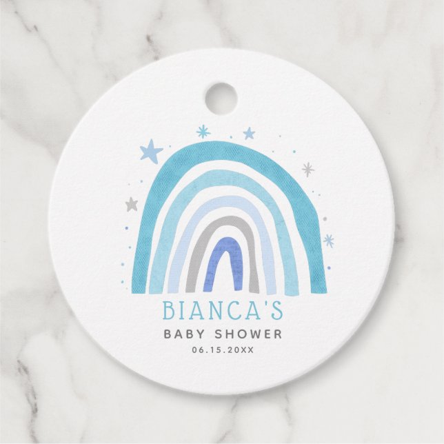 Whimsique Blue Rainbow Baby Shower Gåvor Etiketter (Framsida)