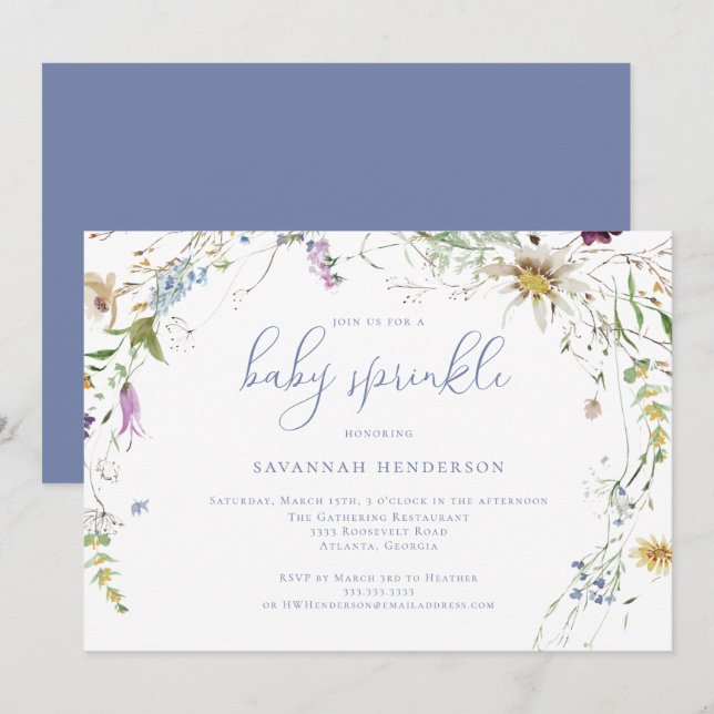 Whimsique Blue Watercolor Wildblomma Baby Sprinkle Inbjudningar (Fram/baksida)