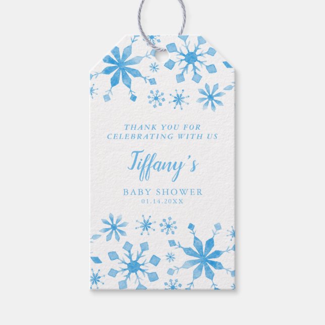 Whimsique Blue Winter Wonderland Baby Shower Presentetikett (Framsidan)