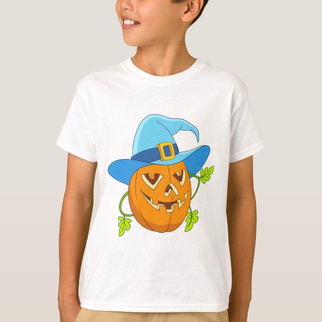 Whimsique Blue Witch Hat Pumpkin Halloween Tecknad T Shirt (Framsida)