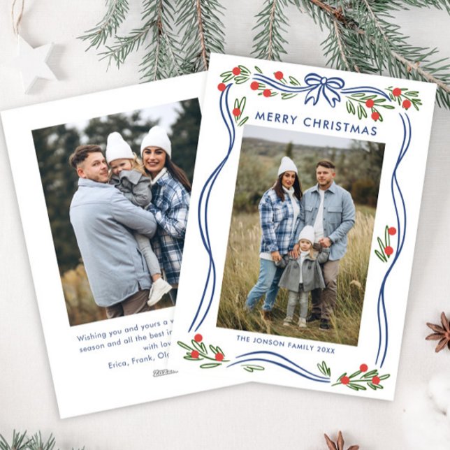 Whimsique Boho Blue jul Bow Ribbon 2 Photo Julkort (Skapare uppladdad)