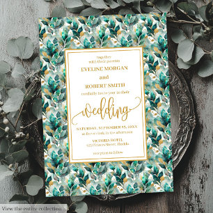 Whimsique Boho Forest Grönt Guld Greenery Bröllop Inbjudningar